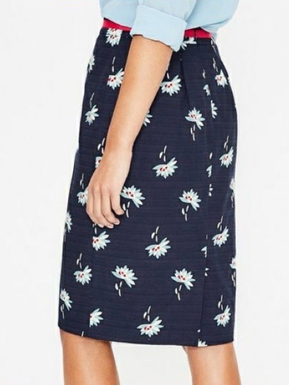 Boden Navy Floral Pencil Skirt Pink Grosgrain Trim Textured Lined 10P Summer Fun